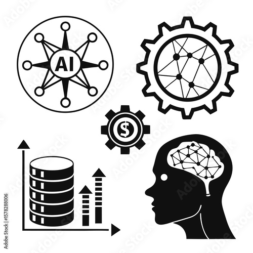 Artificial intelligence brain and financial growth icons machine learning network