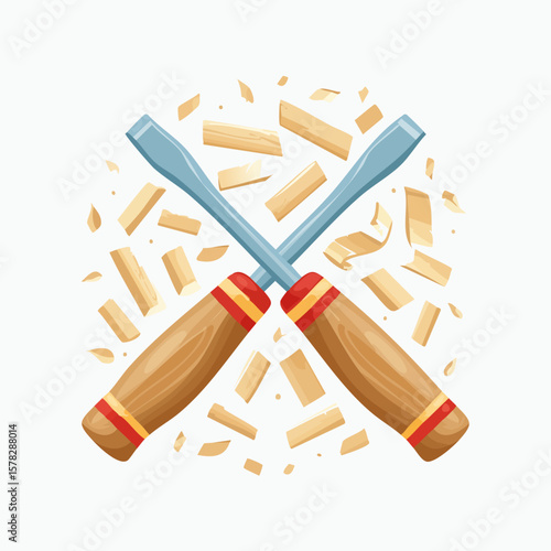 Crossed Woodworking Chisels Surrounded by Wood Shavings, Artistic Illustration