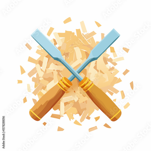 Crossed Chisels and Wood Shavings Depicting Carpentry and Craftsmanship