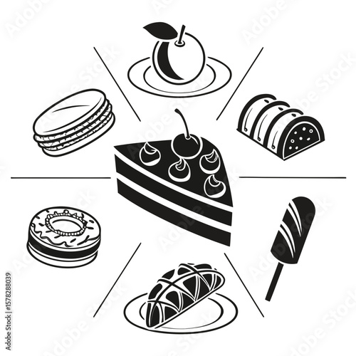 Assorted dessert icons arranged in a circle macaron cake slice