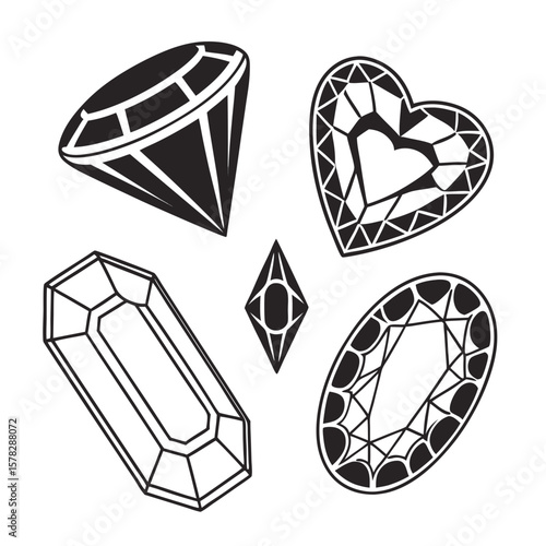 Assorted faceted gemstone silhouettes black and white jewel precious stone