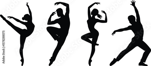 Four diverse ballet dancers in dynamic poses silhouette
