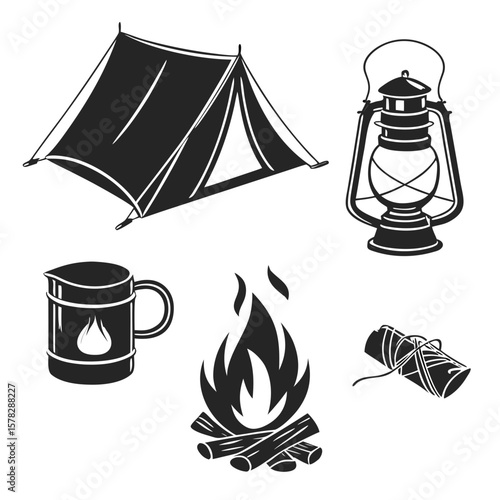 Black and white camping essentials tent lantern campfire mug rope vector