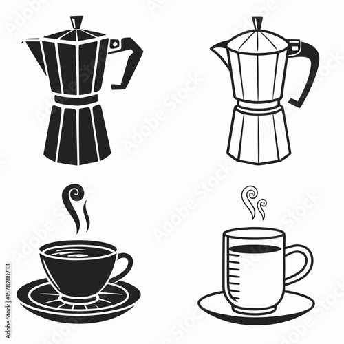 Black and white coffee makers and steaming cups espresso moka pot