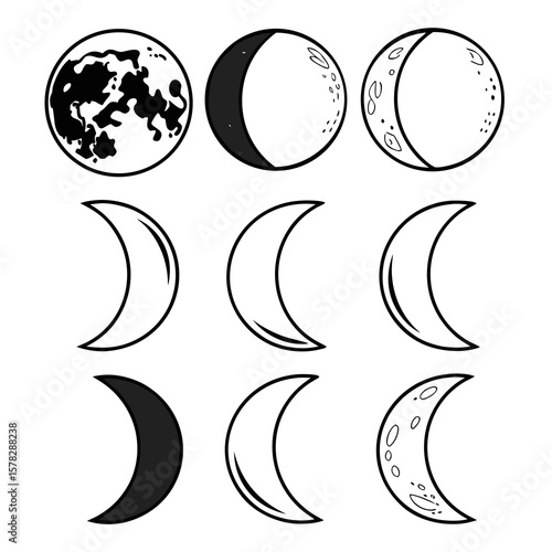 Black and white celestial bodies showing lunar phases moon phases crescent