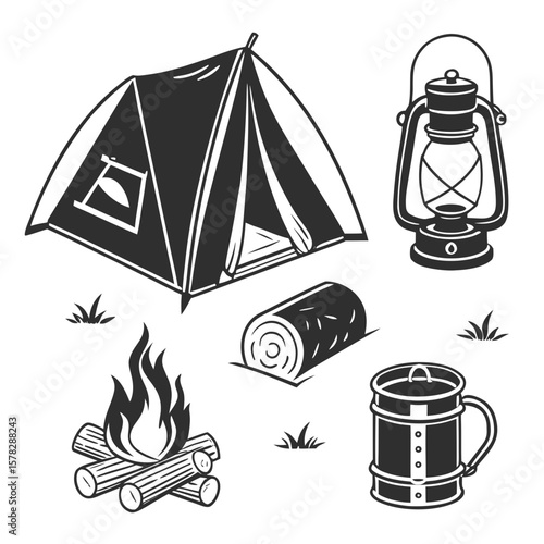 Black and white camping elements tent lantern campfire mug logs vector