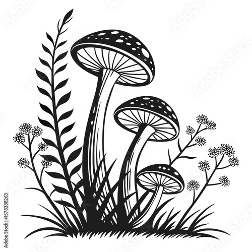 Black and white forest mushrooms and foliage fungi nature