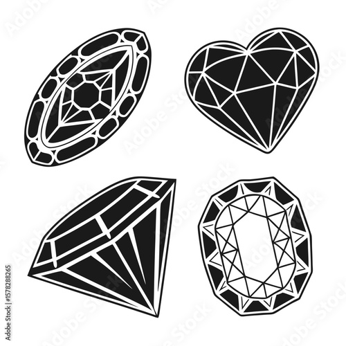 Black and white gemstone silhouettes various cuts diamond shape