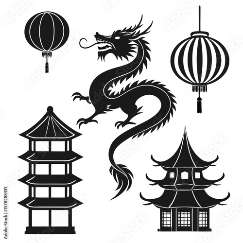 Black Chinese dragon and pagodas with lanterns traditional silhouette