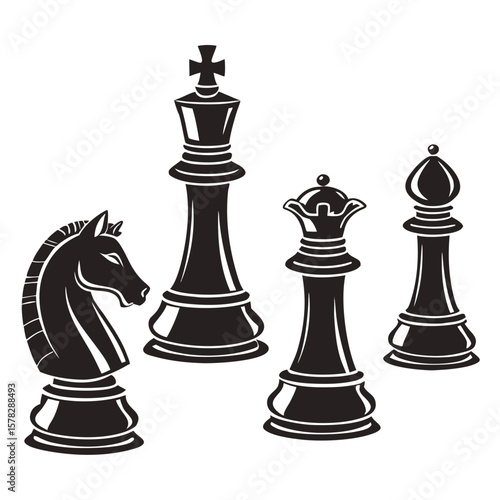 Black chess pieces knight king queen bishop silhouettes game strategy
