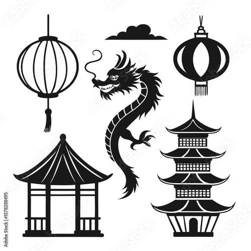 Black Chinese dragon pagoda lanterns and pavilion silhouettes vector