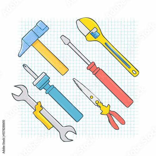Assortment of Colorful Hand Tools Arranged on a Grid Background