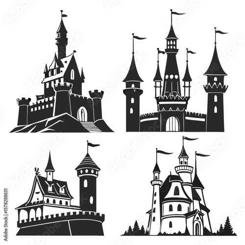 Black fantasy castles and towers with flags and architectural details silhouette