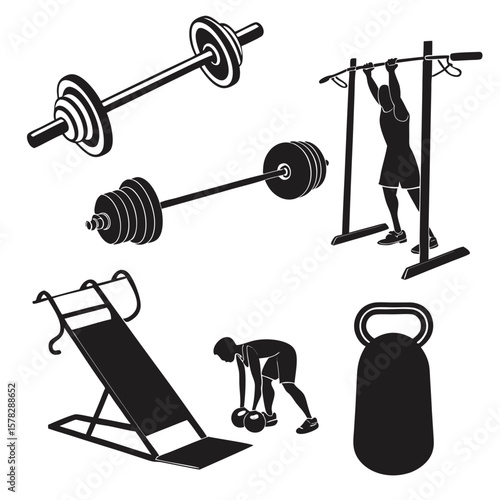 Black fitness equipment silhouettes including barbells and kettlebell weights pull up bar