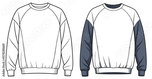 Men's long sleeve raglan sleeve sweatshirt fashion flat sketch design, technical drawing of classic crew neck casual pullover with ribbed cuffs and hem, front and back view.