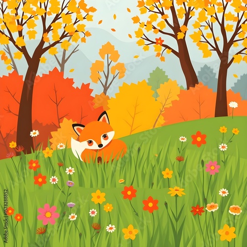 It depicts a tranquil autumn landscape in a sophisticated style.