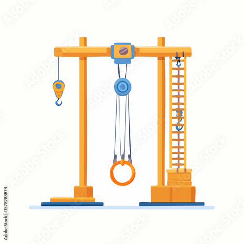 Cartoon Crane with Orange Gymnastic Rings and Ladder