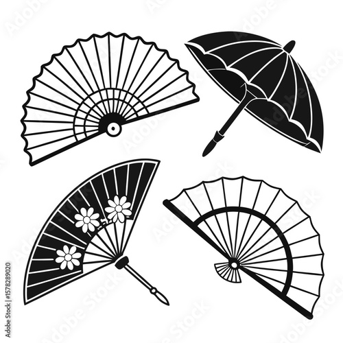 Black Japanese fans and umbrella graphic elements folding umbrella black and white