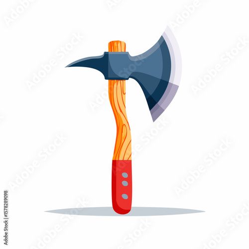Cartoon Axe with Wooden Handle and Red Grip, Isolated on White