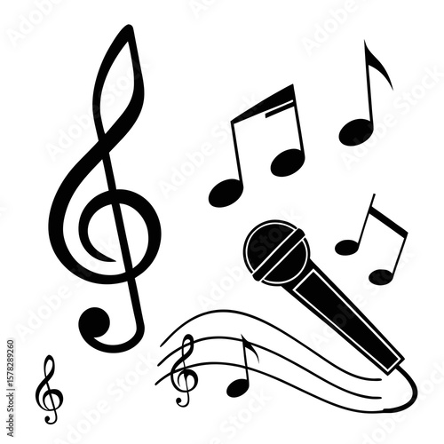 Black musical notes and microphone symbols on white treble clef sound
