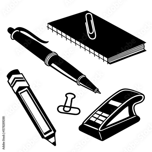Black office supplies collection pen notebook paperclip stapler marker white