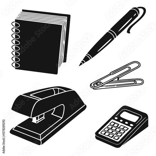 Black office supplies notebook pen stapler calculator paperclip vector
