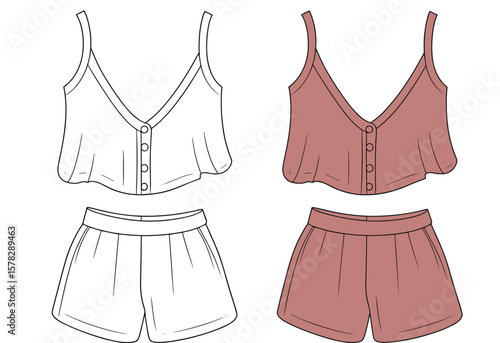 Women's casual pajama set fashion flat sketch, technical drawing of comfortable nightwear with camisole top and elastic waist shorts, front view design template.