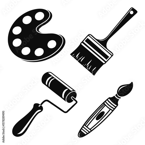Black silhouette art tools including paint palette brush and roller artist painting
