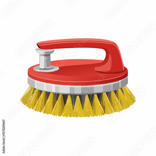 Detailed Illustration of a Red and Yellow Cleaning Brush with Handle