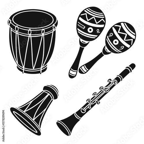 Black silhouette musical instruments drum maracas clarinet horn vector