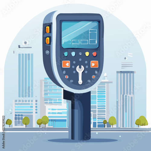 Illustrated Parking Meter with Cityscape, Buttons, and Wrench Symbol.