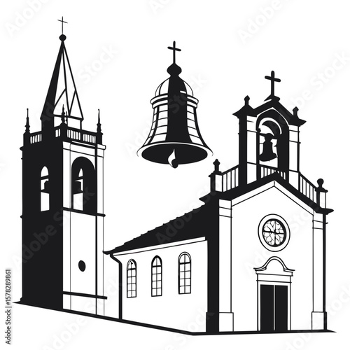 Black silhouettes of christian churches and bell architecture