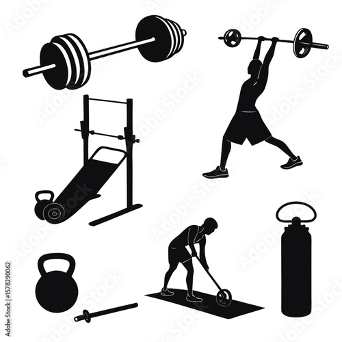 Black silhouettes of fitness equipment and people exercising barbell weightlifting