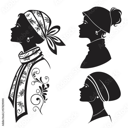 Black silhouettes of women wearing headscarves and scarves headscarf scarf
