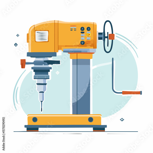 Detailed Illustration of a Yellow and Blue Industrial Drill Press