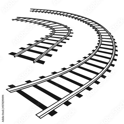 Black train tracks curving on white background railway railroad