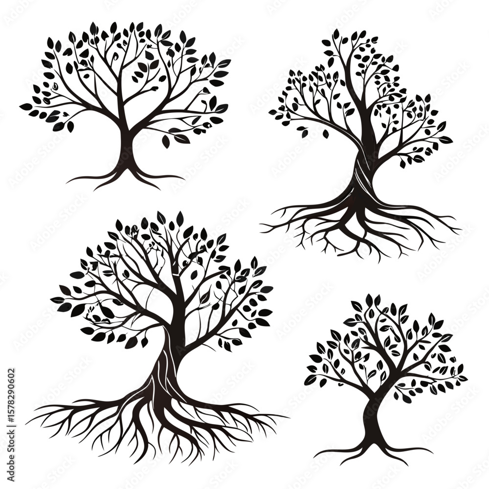 Obraz premium Black tree silhouettes with visible roots and leaves branches