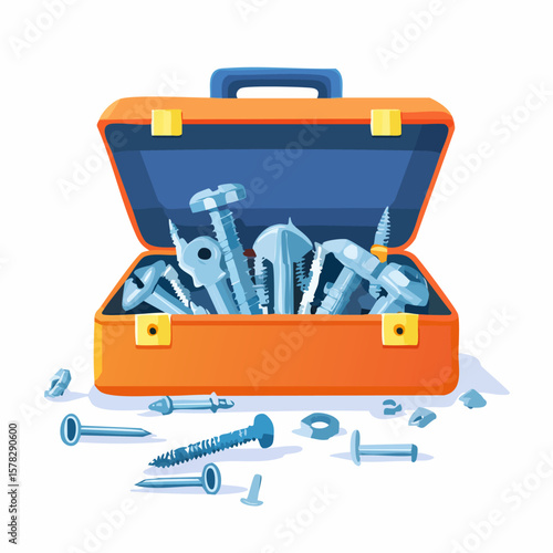 Open Toolbox Overflowing with Various Screws, Bolts, and Fasteners.