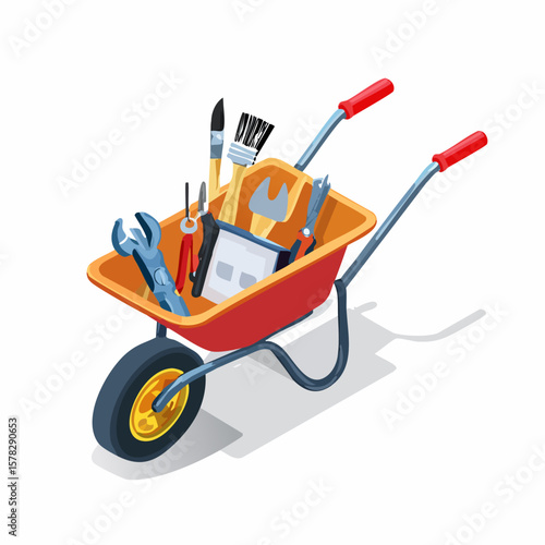 A Red Wheelbarrow Filled with Various Tools for Construction and Repair