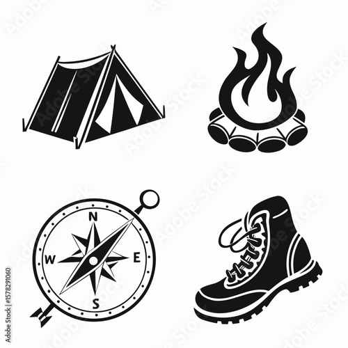 Camping tent campfire compass hiking boot icons vector