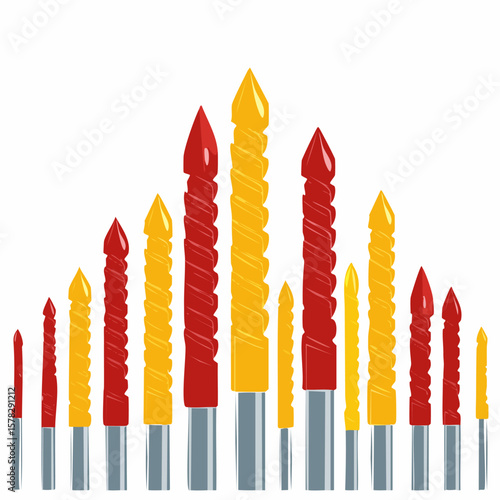 Colorful Array of Drill Bits with Twisted Shanks and Sharp Points