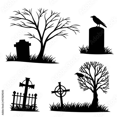Cemetery scene silhouettes with bare trees and crows graveyard tombstone