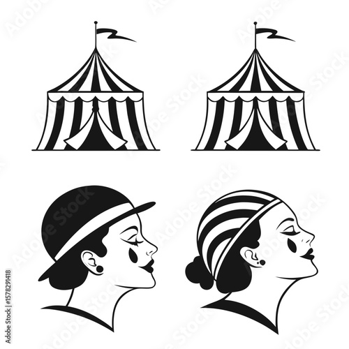 Circus tents and clown faces silhouettes vector