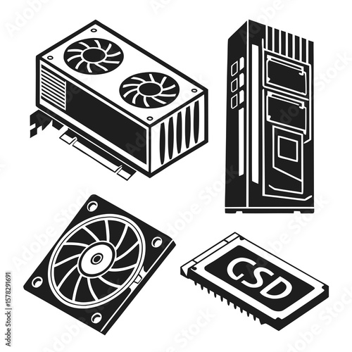 Computer hardware components graphic design silhouette graphics card