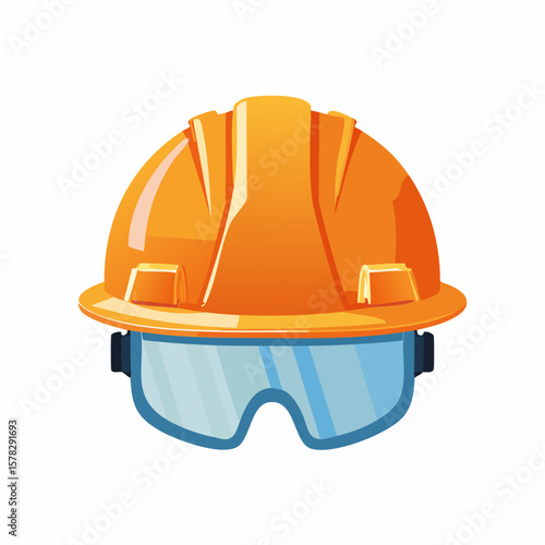 Bright Orange Construction Helmet with Safety Goggles, Front View.