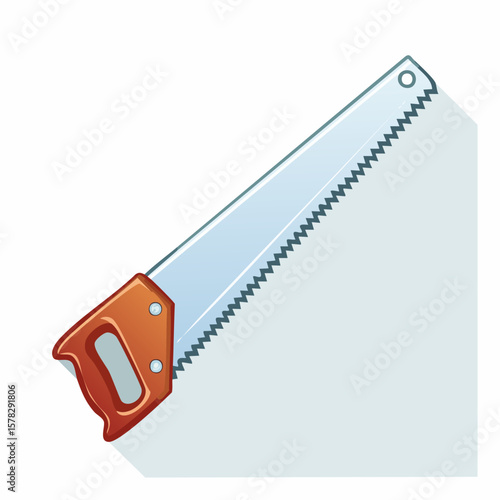 Detailed Illustration of a Hand Saw with Wooden Handle and Sharp Teeth