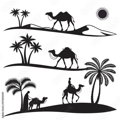 Desert caravan with camels and palm trees under sun vector