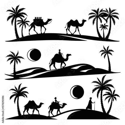 Desert caravan with camels and palm trees under crescent moon silhouette