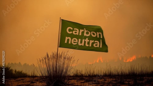 Carbon Neutral Flag Waving Near Wildfire