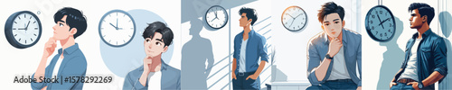 VECTOR IMAGE OF YOUNG MAN LOOKING AT CLOCK ON WHITE BACKGROUND